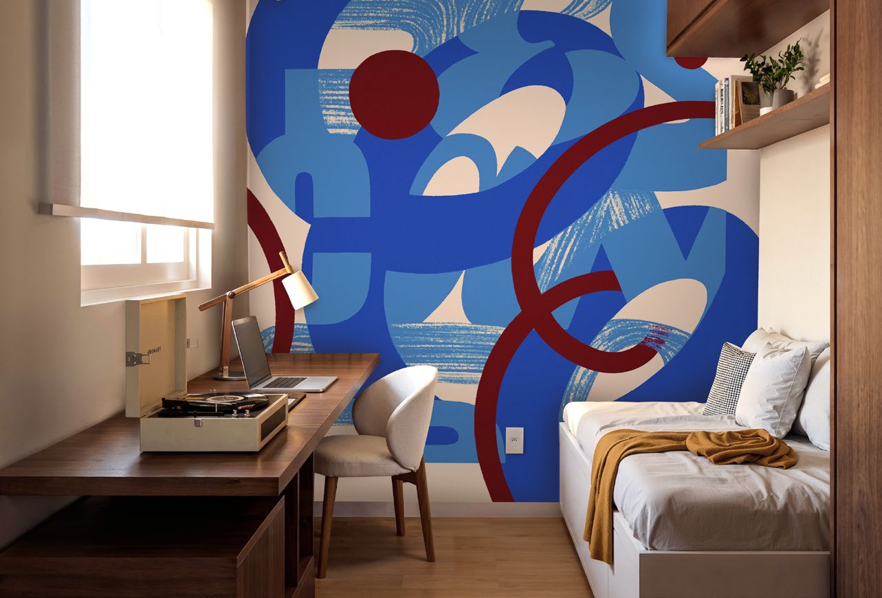 Quarto com mural azul artístico no Hauer 4You
